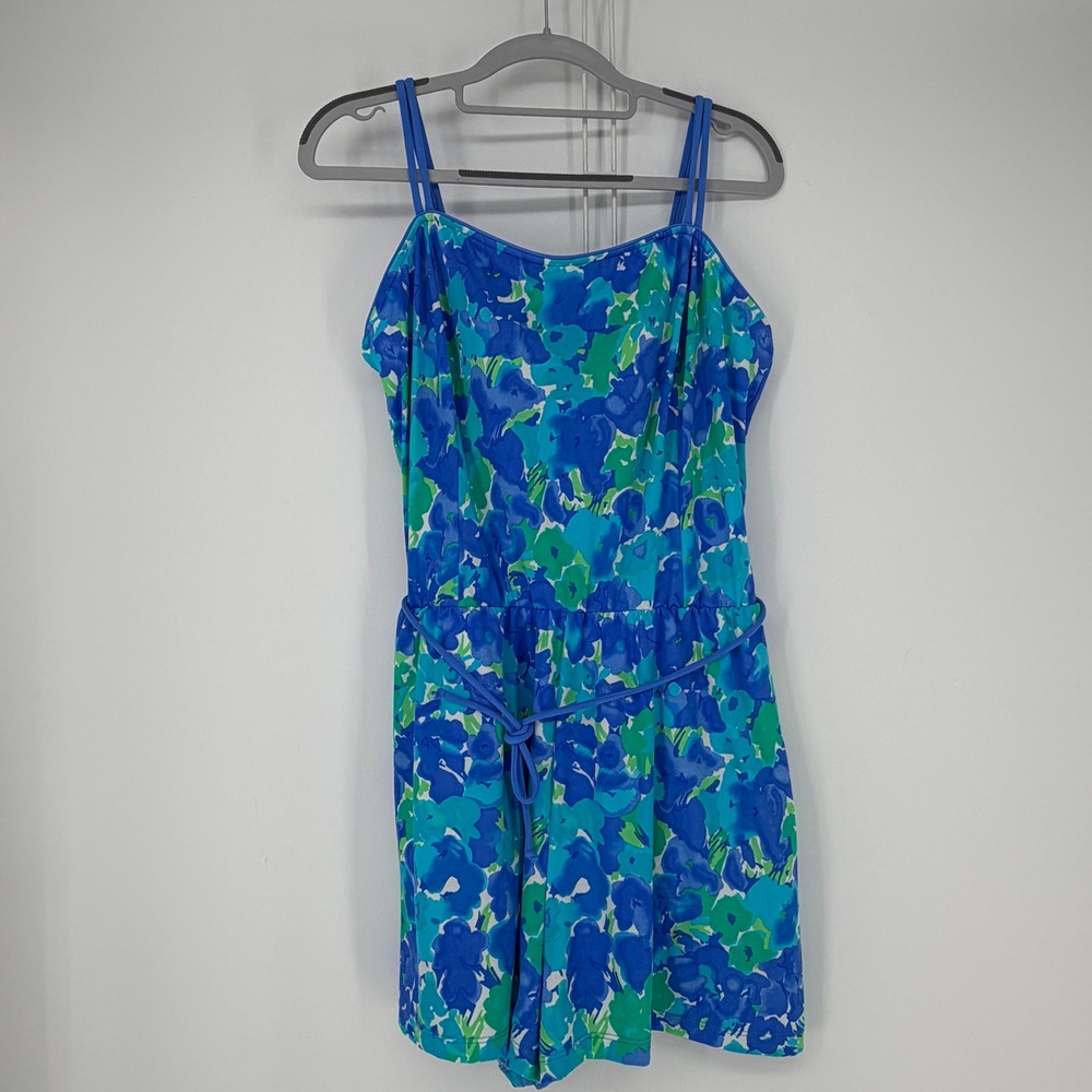 Vintage Sea Waves Romper Swimsuit Women 20 Blue Green Floral 90s Retro Beachwear